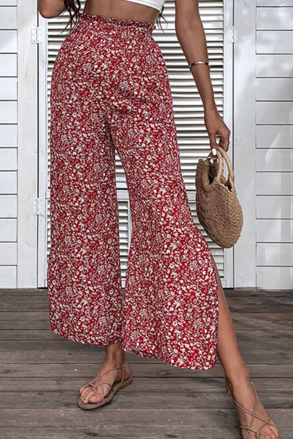 Ditsy Floral Slit Paperbag Waist Wide Leg Pants - ONYX ASHE