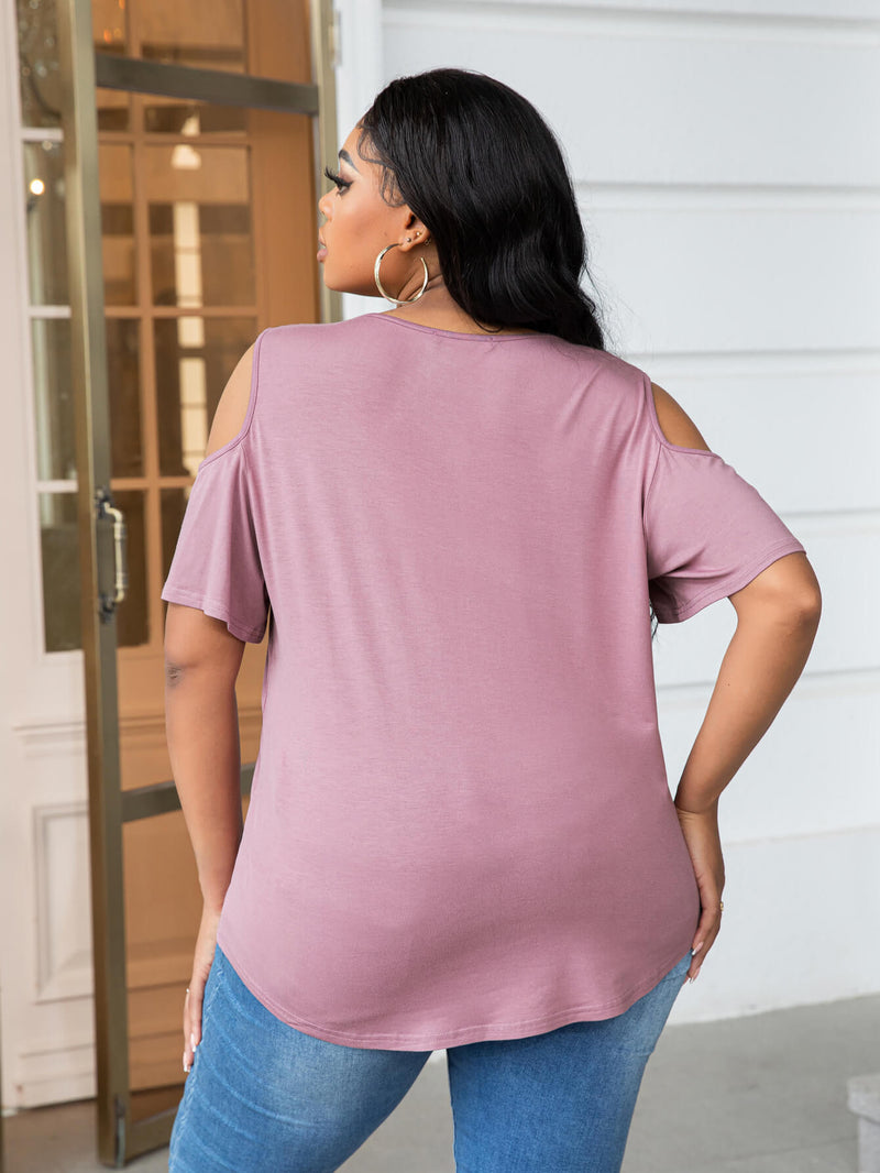 Plus Size Cold-Shoulder Round Neck Curved Hem Tee