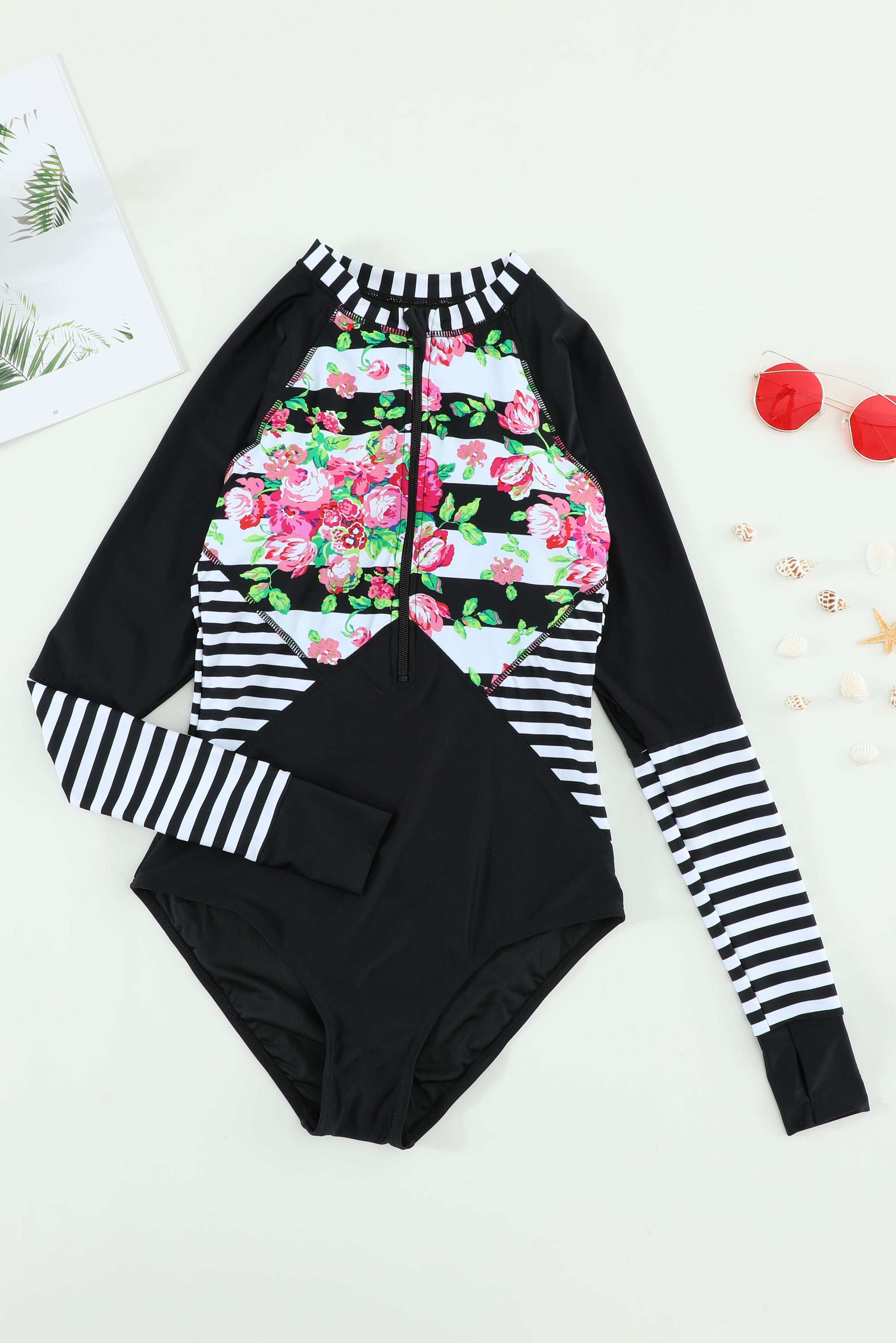 Floral Striped Patchwork Rashguard One-piece - ONYX ASHE