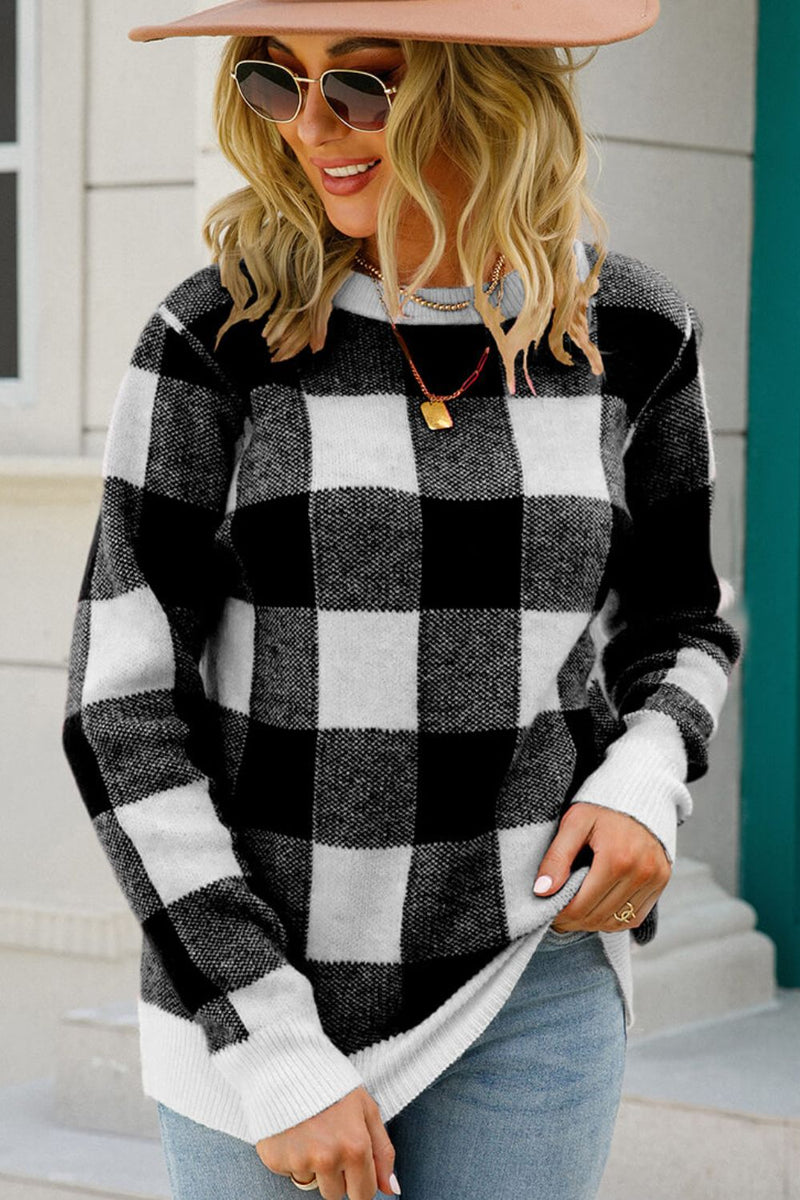 Checkered Ribbed Trim Knit Pullover