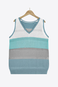 Striped Openwork V-Neck Knit Tank