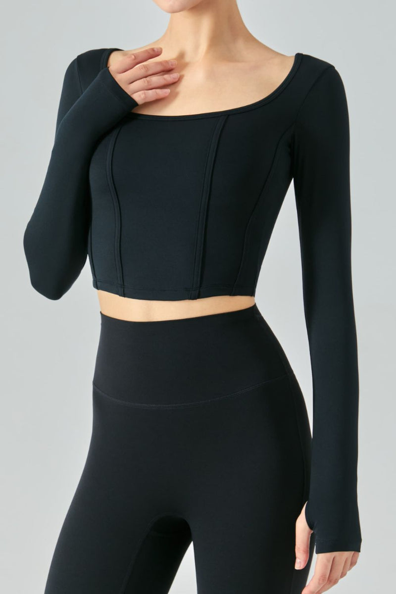 Seam Detail Thumbhole Sleeve Cropped Sports Top - ONYX ASHE