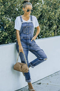 Pocketed Distressed Denim Overalls - ONYX ASHE