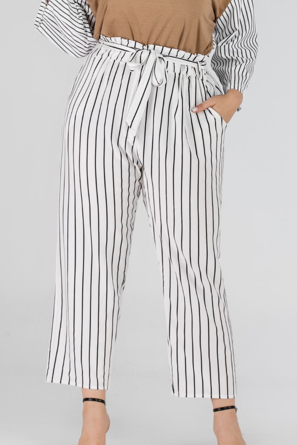 Full Size Striped Paperbag Waist Cropped Pants - ONYX ASHE