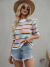 Striped Openwork Half Sleeve Knit Top