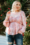 Plus Size Floral Smocked Flounce Sleeve Blouse