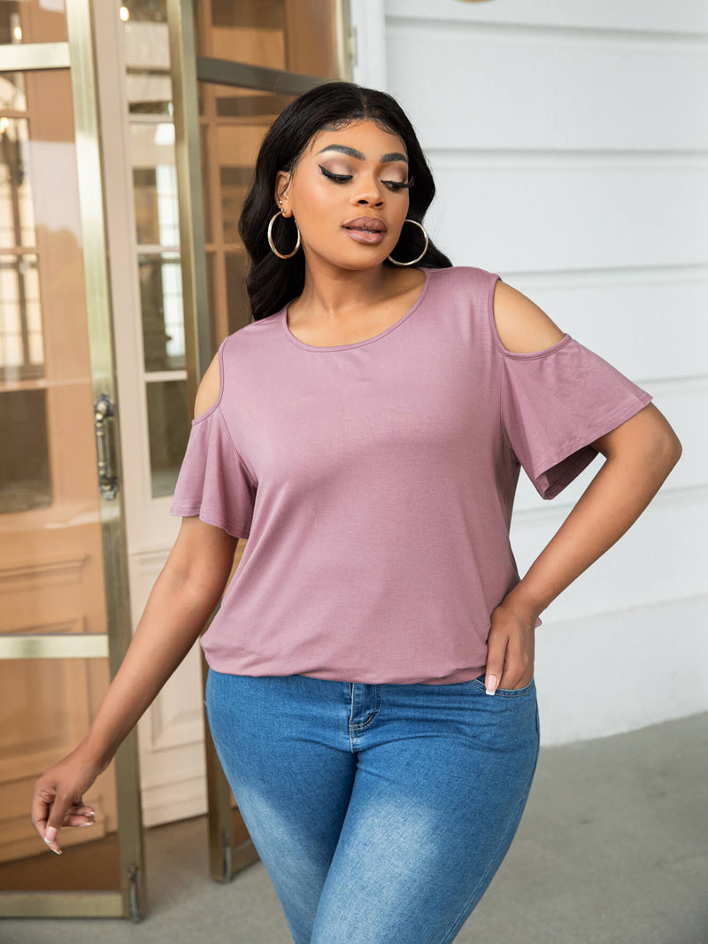 Plus Size Cold-Shoulder Round Neck Curved Hem Tee