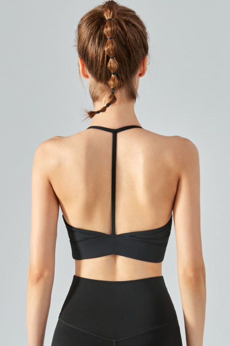 Ribbed Halter Neck Open Back Cropped Sports Cami - ONYX ASHE