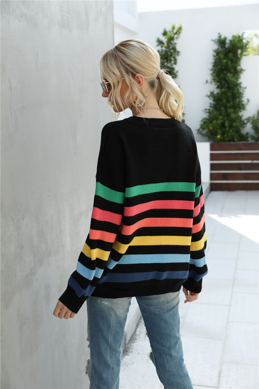 Rainbow Stripe Dropped Shoulder Sweater