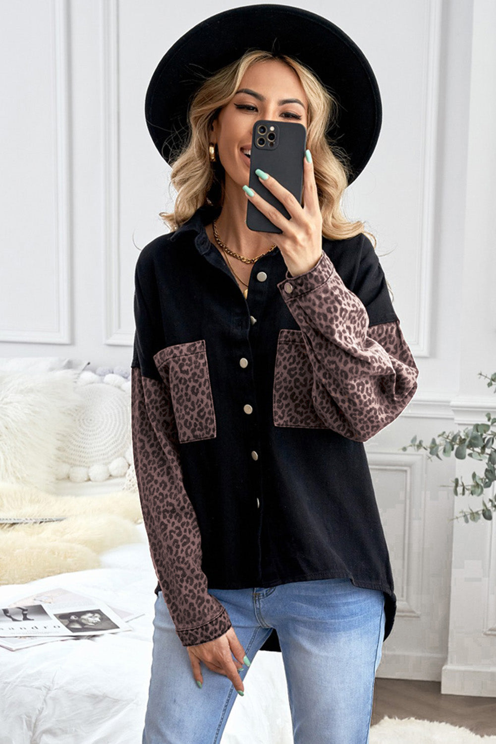 Leopard Contrast Denim Top