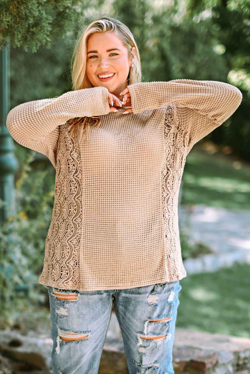 Plus Size Waffle-Knit Spliced Lace Top