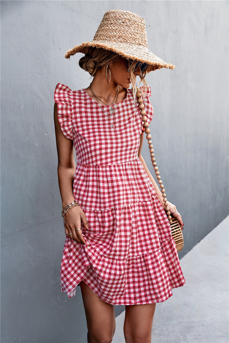 Gingham Ruffle Shoulder Tiered Dress