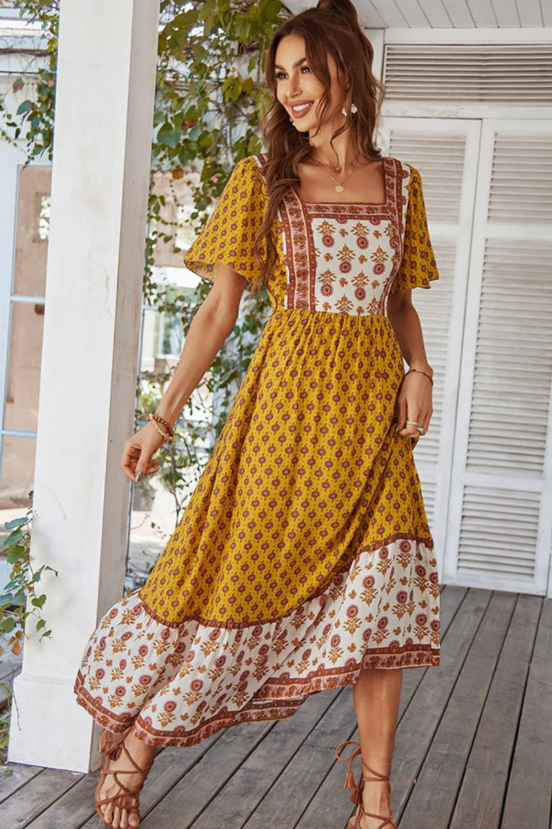 Bohemian Square Neck Flutter Sleeve Maxi Dress