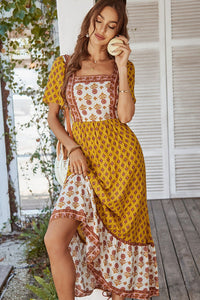 Bohemian Square Neck Flutter Sleeve Maxi Dress