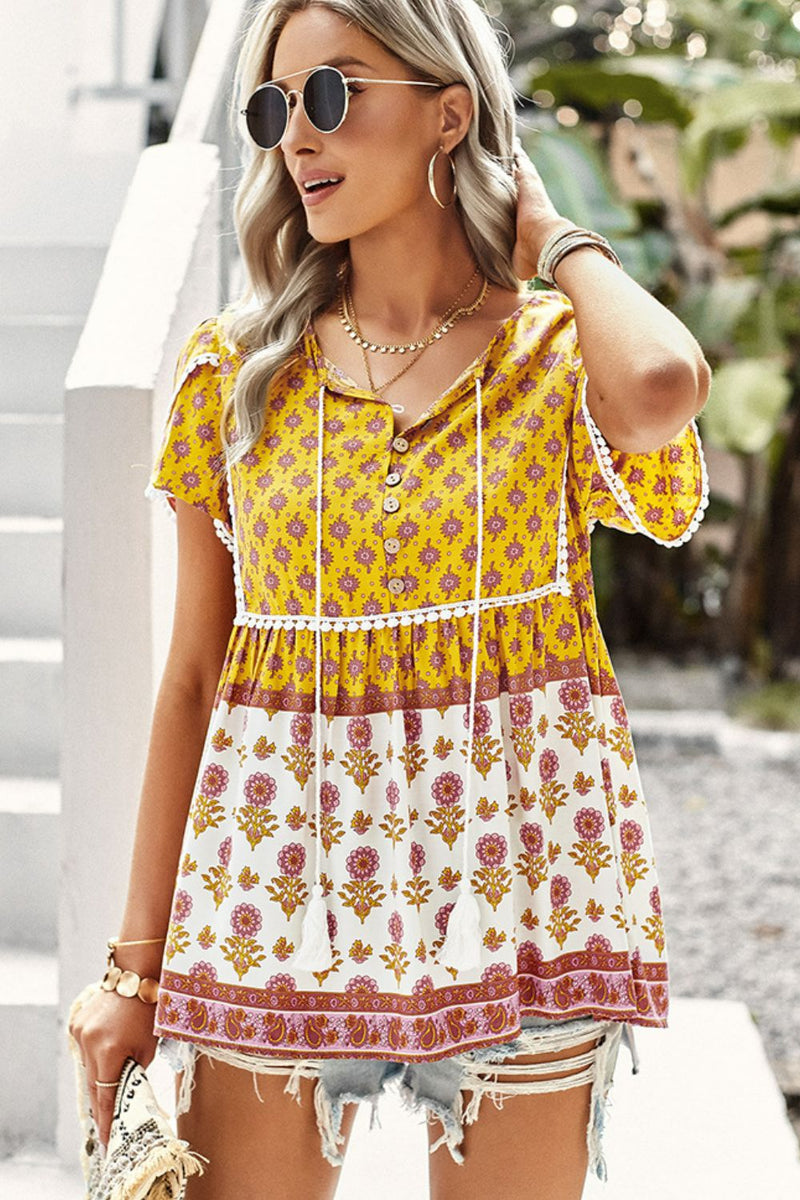 Bohemian Tie Neck Buttoned Blouse