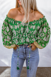 Printed Tassel Tie Balloon Sleeve Blouse