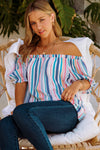 Rainbow Stripe Off-Shoulder Frilled Flounce Sleeve Blouse