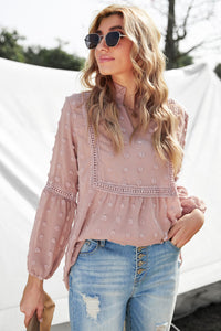 Swiss Dot Frilled Notched Neck Blouse