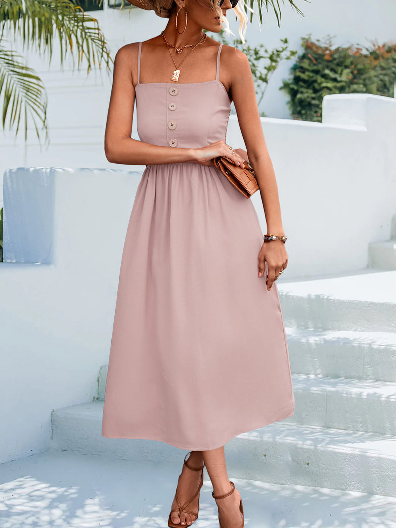 Decorative Button Spaghetti Strap Midi Dress