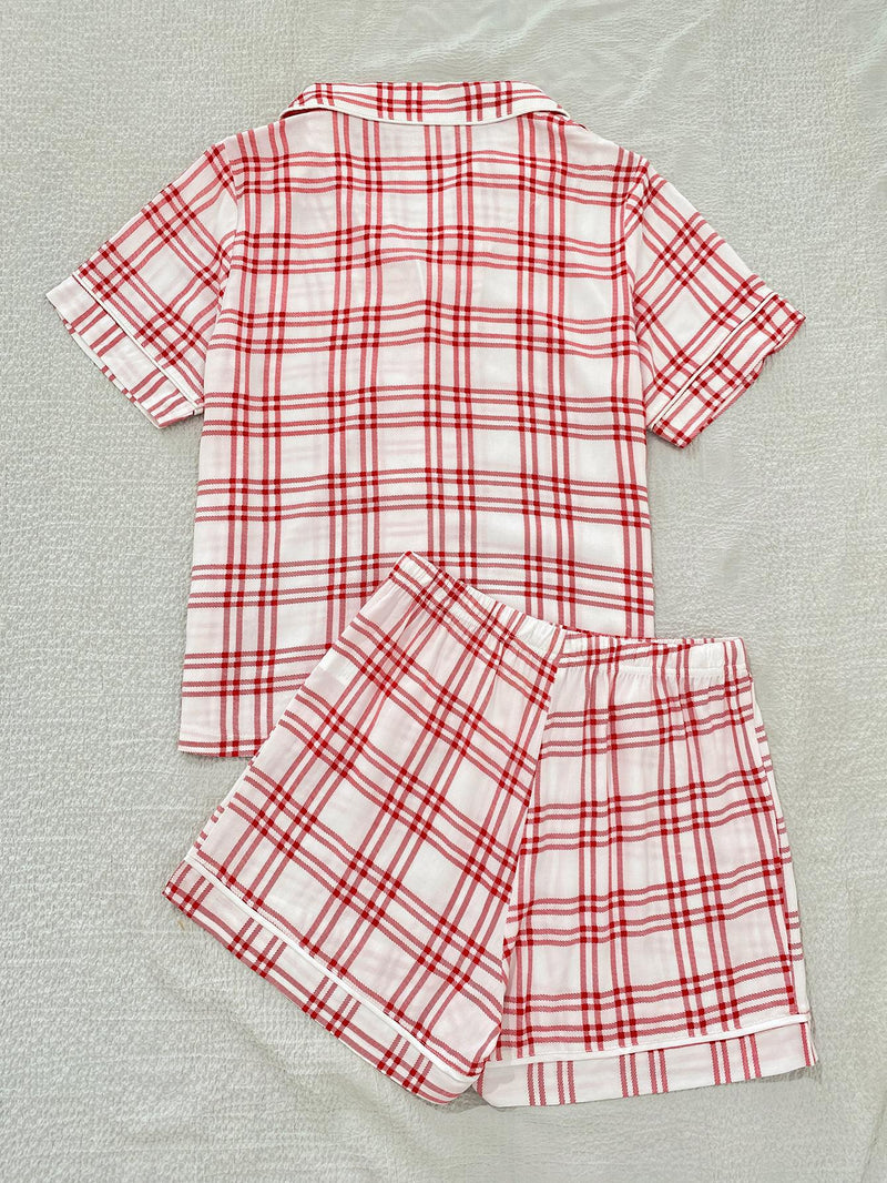 Plaid Lapel Collar Shirt and Shorts Lounge Set