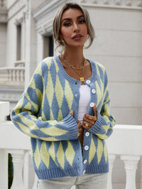 Argyle Button Front Drop Shoulder Cardigan