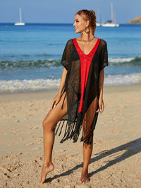 Contrast Fringe Trim Openwork Cover-Up Dress - ONYX ASHE