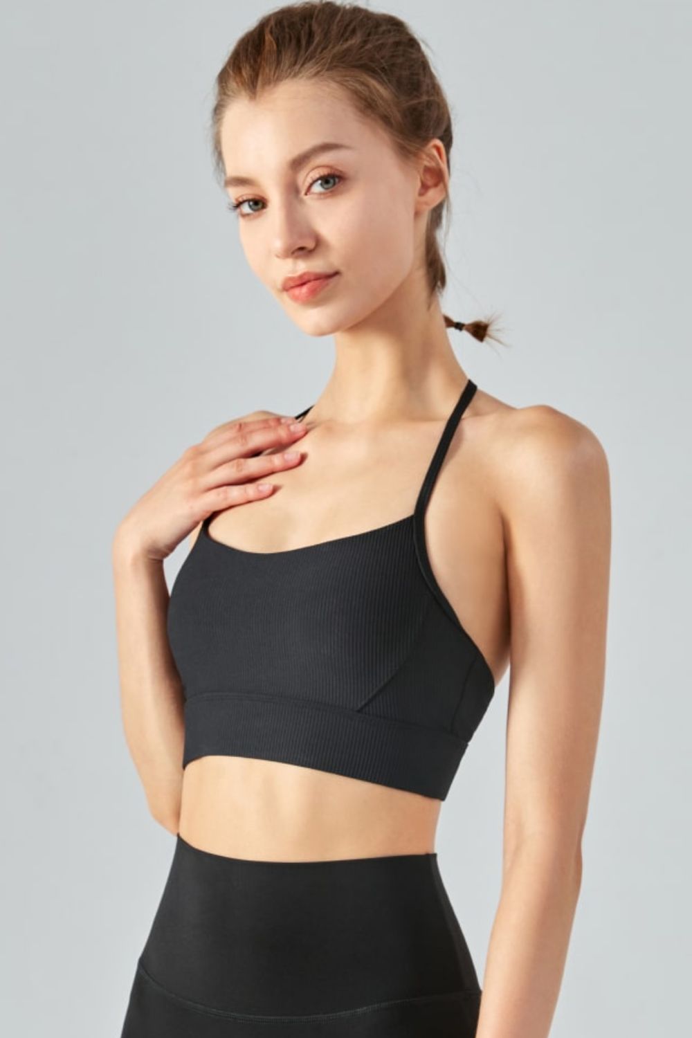 Ribbed Halter Neck Open Back Cropped Sports Cami - ONYX ASHE