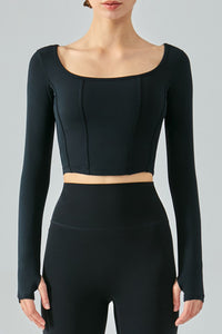 Seam Detail Thumbhole Sleeve Cropped Sports Top - ONYX ASHE