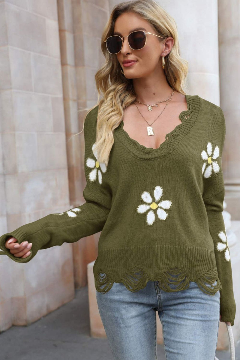 Flower Distressed Ribbed Trim Sweater