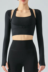 Ribbed Faux Layered Halter Neck Cropped Sports Top - ONYX ASHE