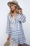 Printed Notched Neck Flare Sleeve Tiered Dress