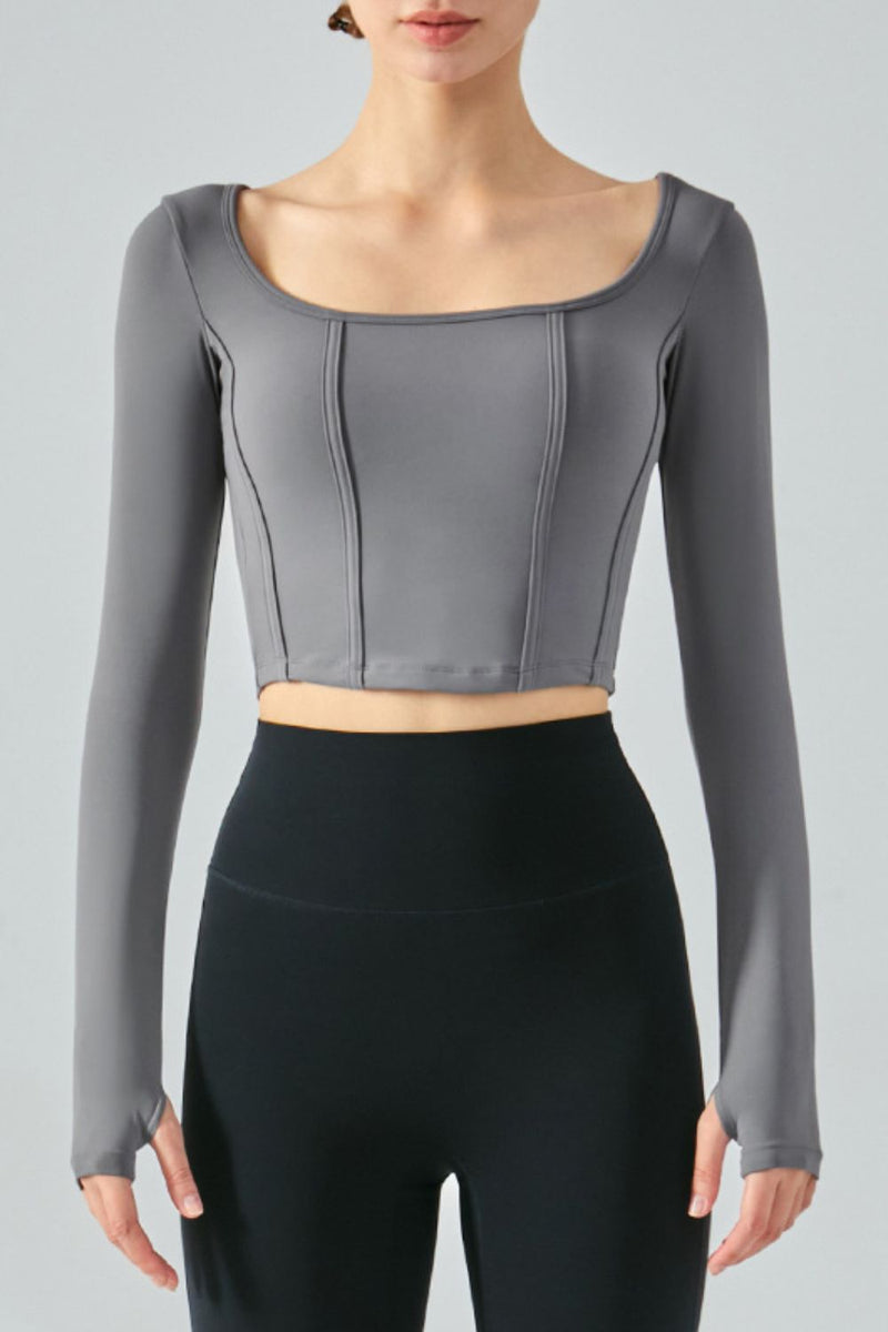 Seam Detail Thumbhole Sleeve Cropped Sports Top - ONYX ASHE