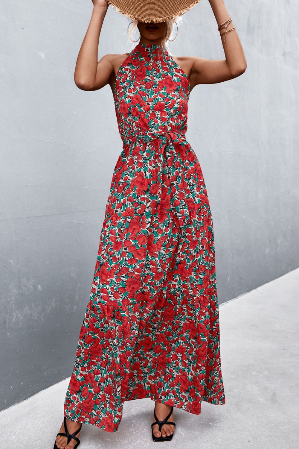 Printed Sleeveless Tie Waist Maxi Dress