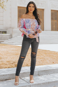 Printed Off-Shoulder Flounce Sleeve Belted Blouse