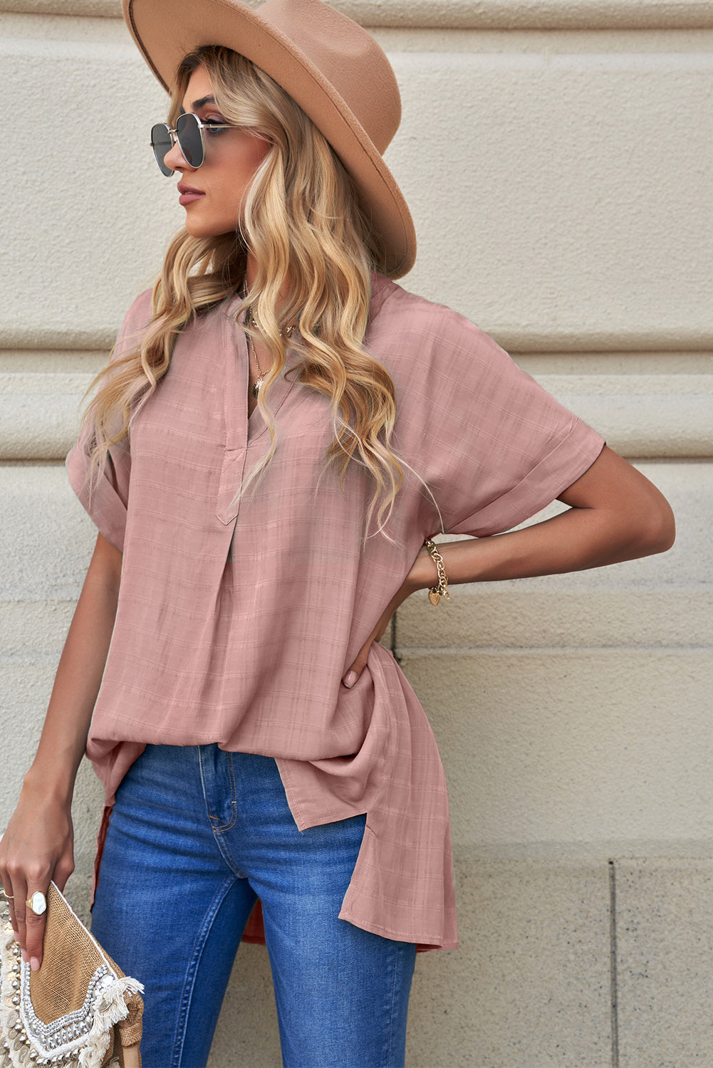 Notched Side Slit Cuffed Blouse