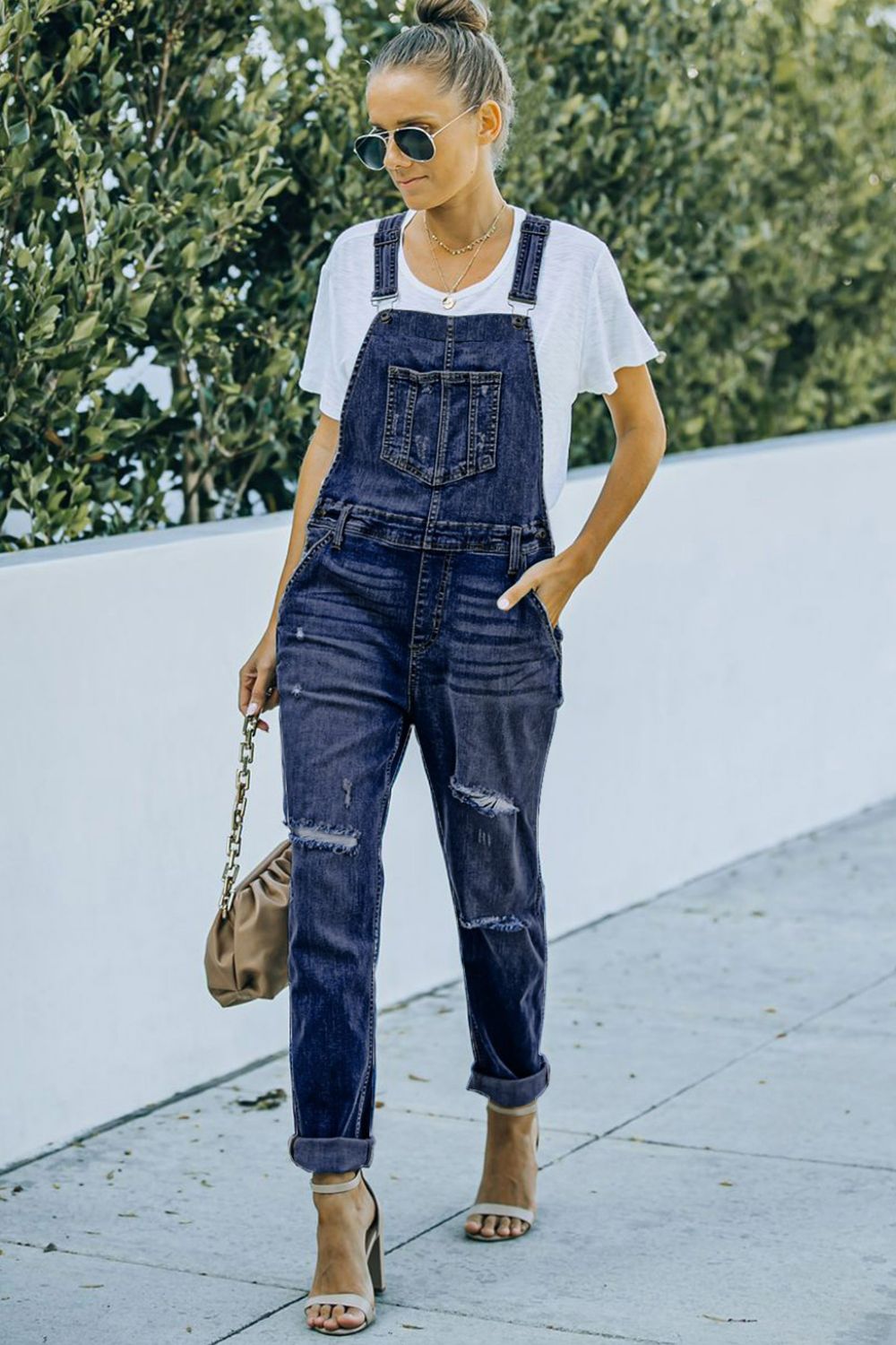 Pocketed Distressed Denim Overalls - ONYX ASHE