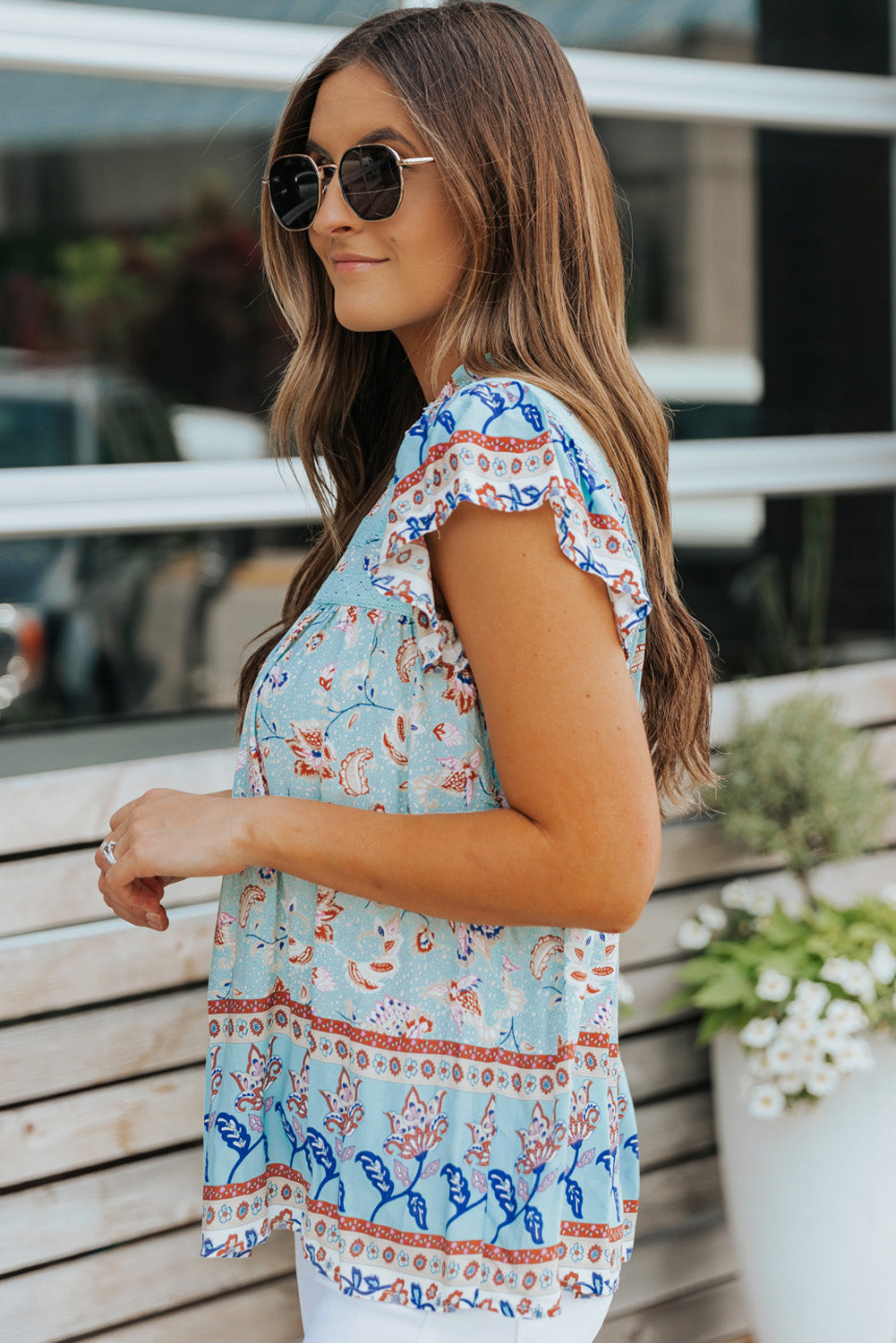 Floral Flutter Sleeve Sleeveless Blouse