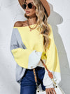 Color Block Balloon Sleeve Boat Neck Sweater