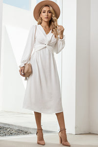 Twist Front V-Neck Flounce Sleeve Dress