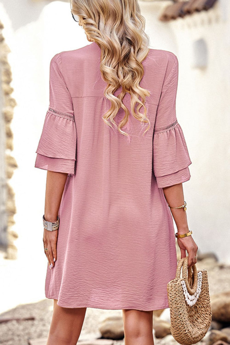 Notched Neck Flare Sleeve Pocket Dress