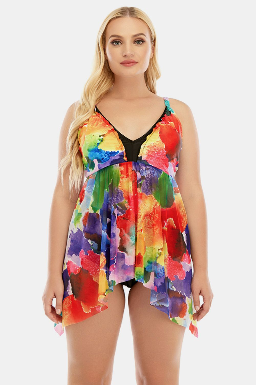 Plus Size Printed Spaghetti Strap V-Neck Two-Piece Swim Set