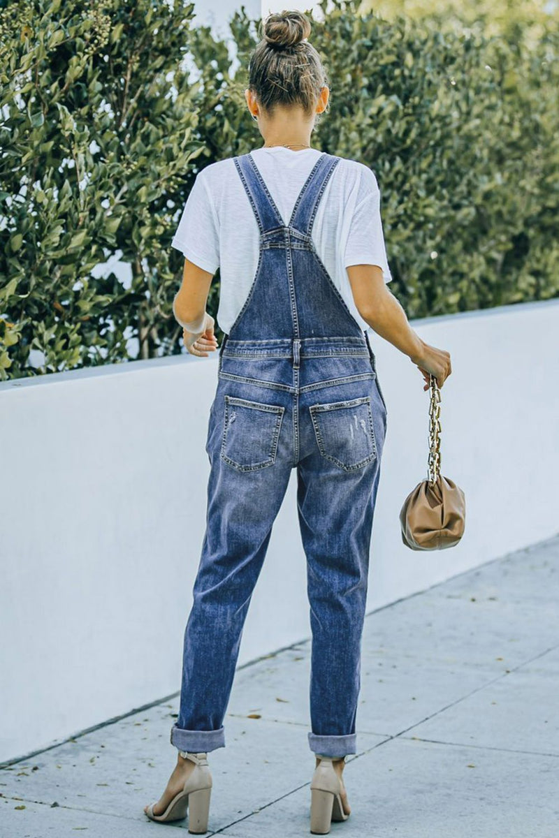 Pocketed Distressed Denim Overalls - ONYX ASHE