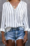 Striped V-Neck High-Low Shirt with Breast Pocket