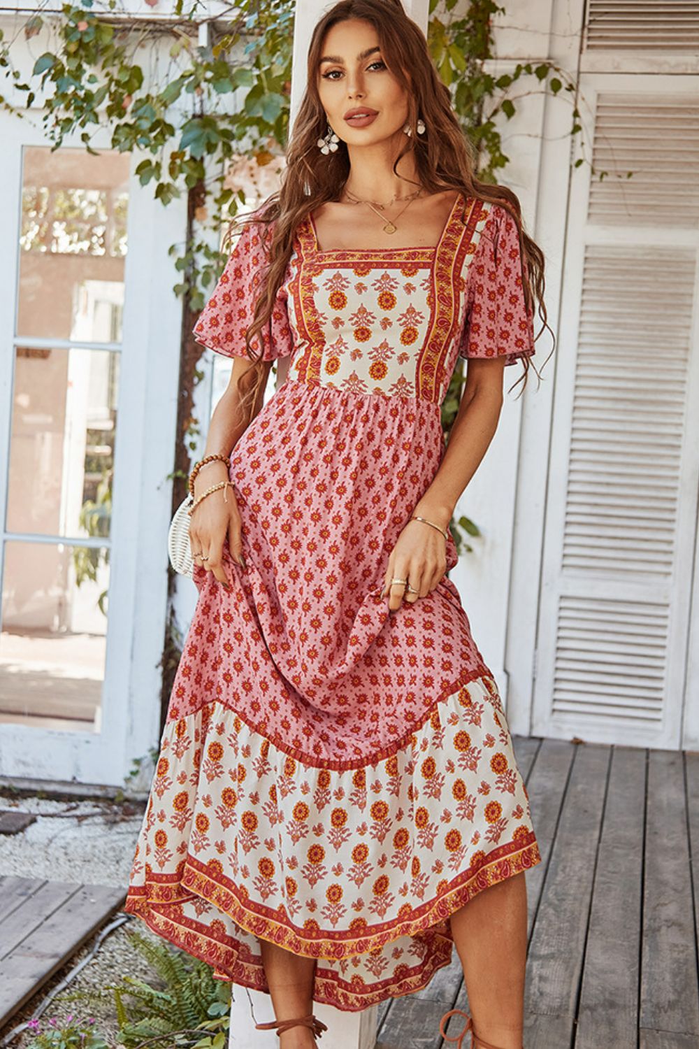 Bohemian Square Neck Flutter Sleeve Maxi Dress