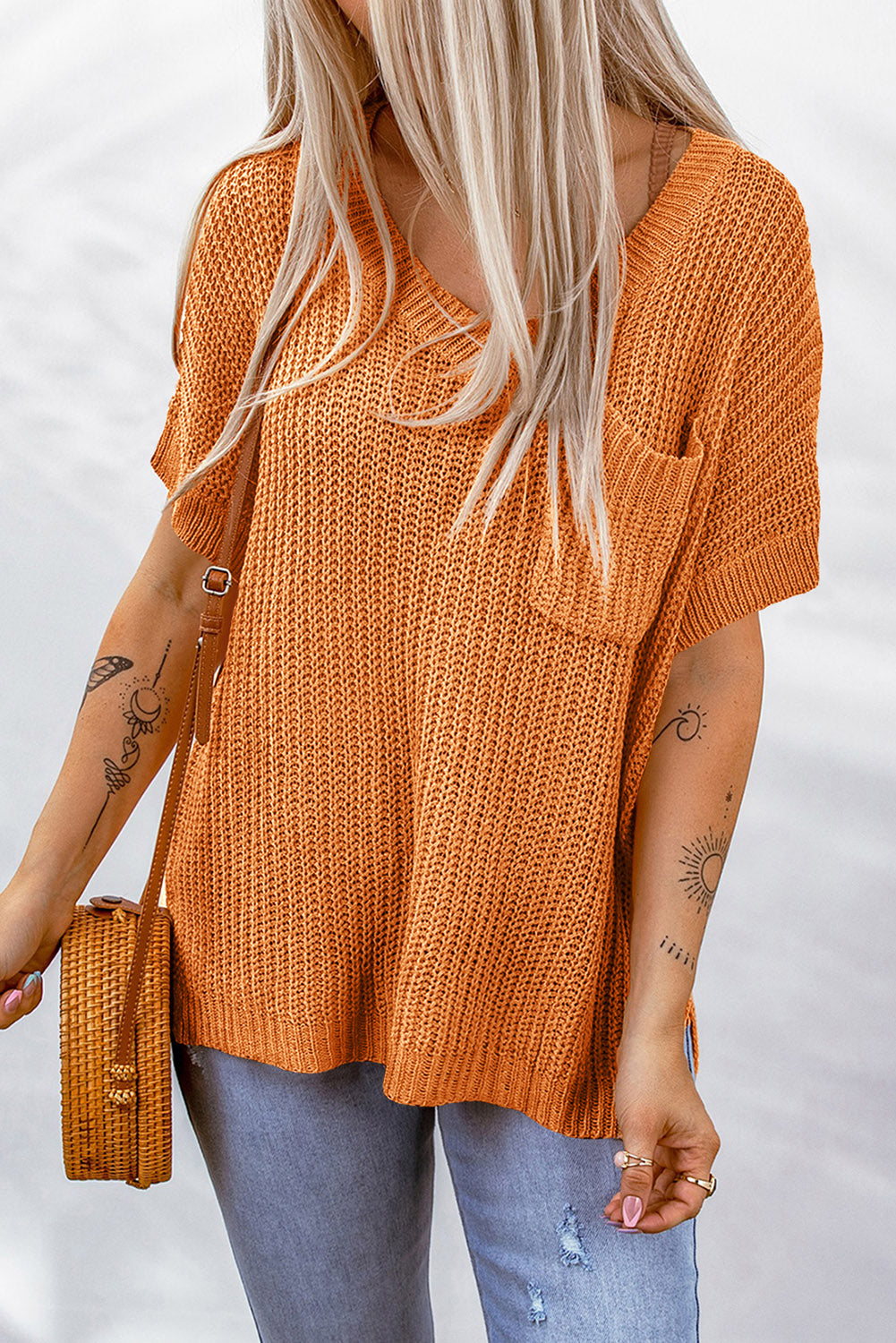 Side Slit V-Neck Short Sleeve Sweater