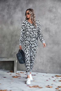 Leopard V-Neck Dropped Shoulder Loungewear Set