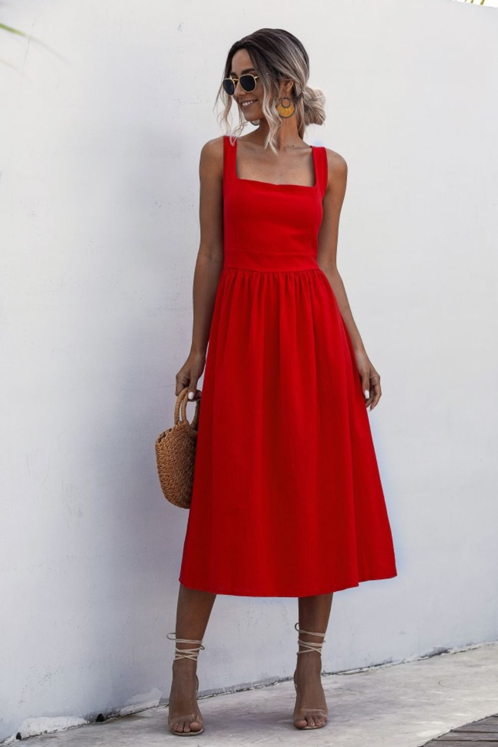 Square Neck Sleeveless Smocked Midi Dress