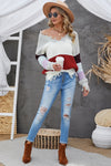 Color Block Distressed V-Neck Ribbed Sweater