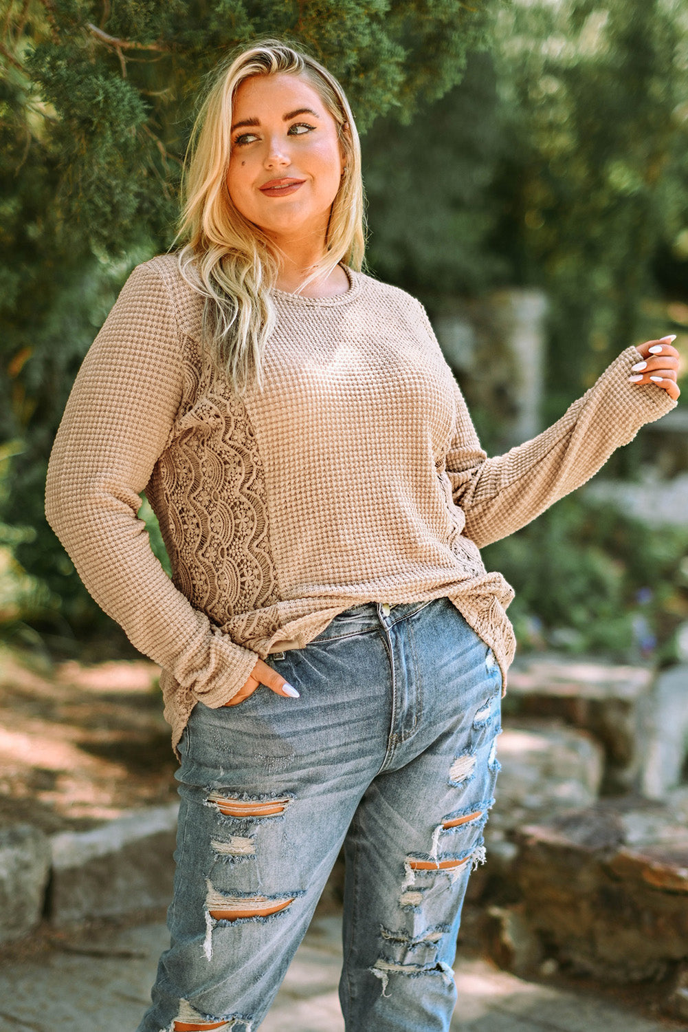 Plus Size Waffle-Knit Spliced Lace Top