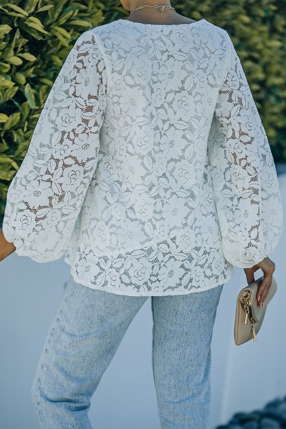 Lace Balloon Sleeve V-Neck Tunic Blouse